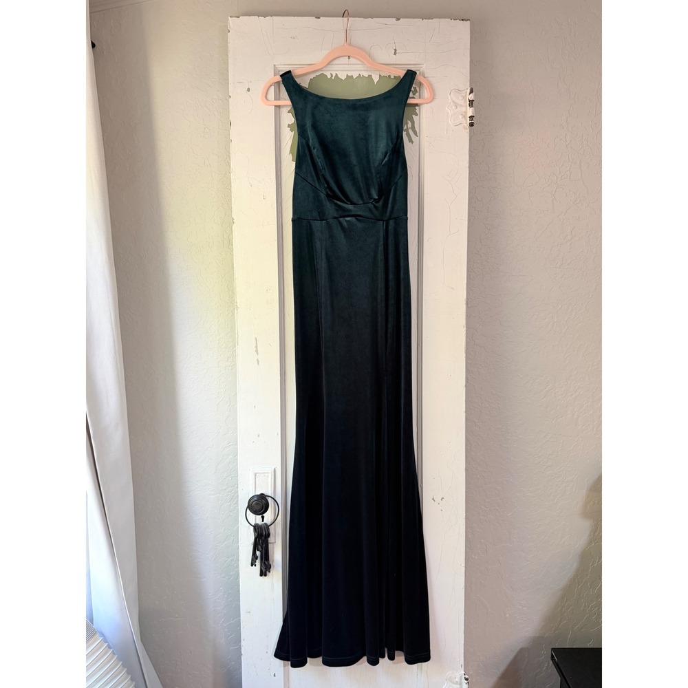 Blush Mark Emerald Green Velvet Open Back Tie Maxi Formal Dress Size 4
